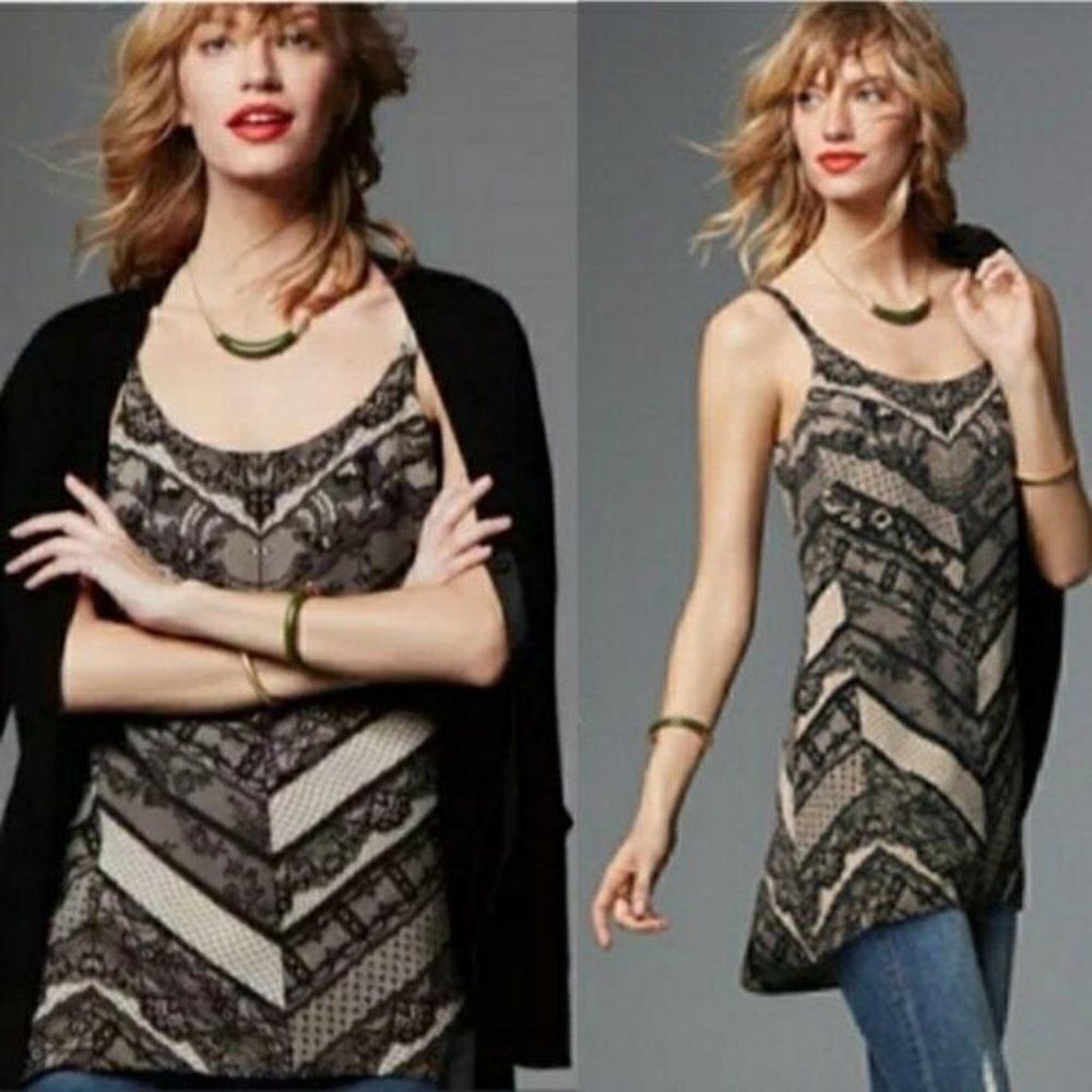CAbi Top 3278 Monaco Cami Tunic Spaghetti Strap Tank Black Lace Striped Print XS
